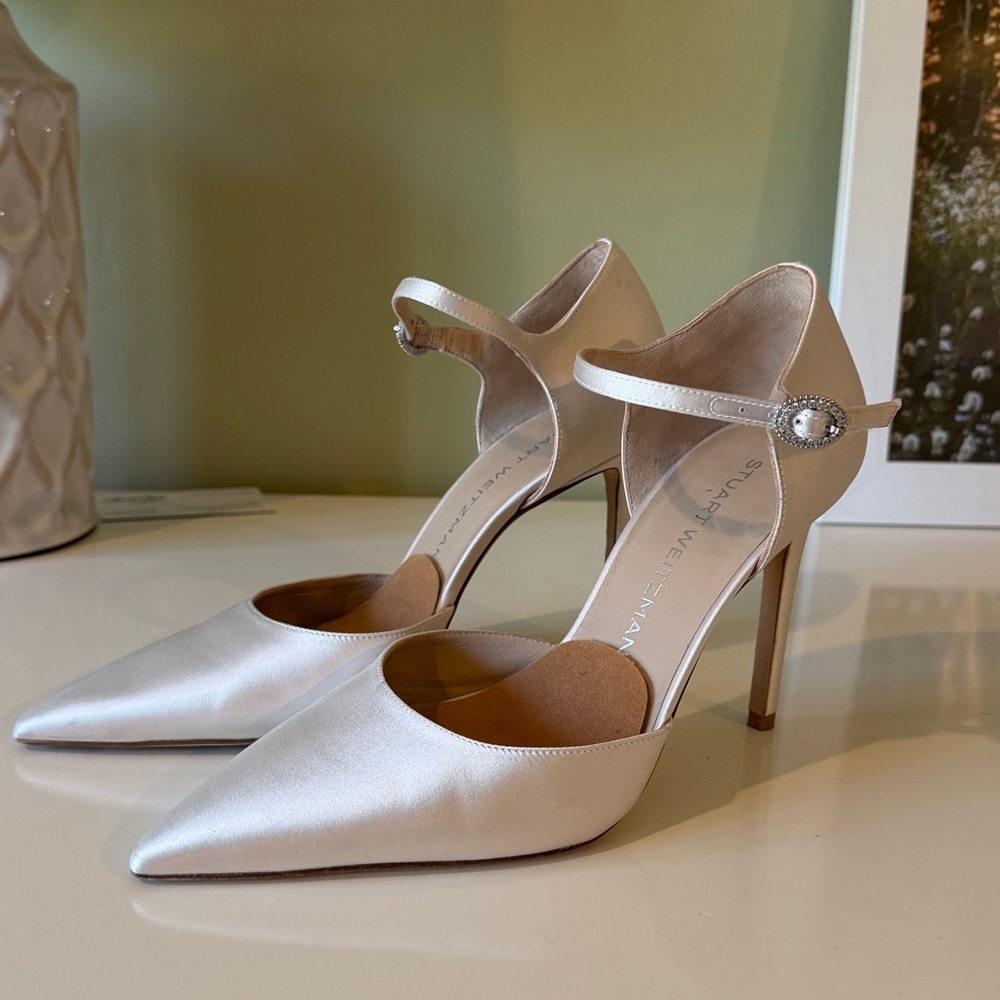 Stuart Weitzman Ivory Satin Ankle-Strap Pumps with Crystal Buckle